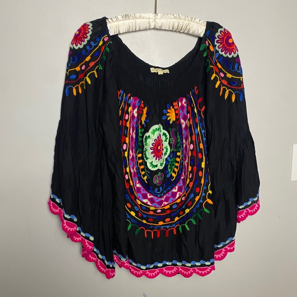 Ruby Yaya Black Embroidered Top Womens Small Boho Festival Artsy Gypsy Whimsical - Picture 2 of 11